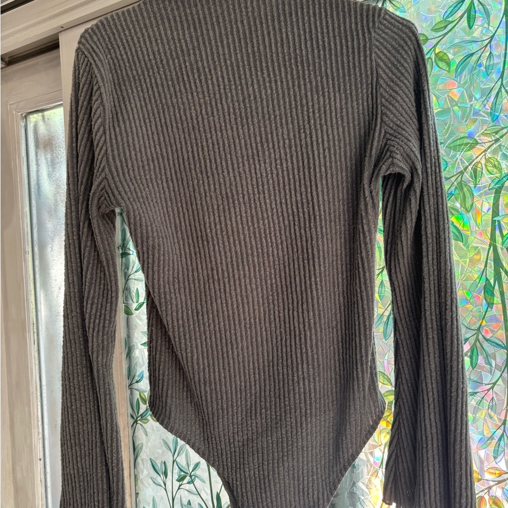 SHEIN Charcoal‎ Ribbed Long Sleeve Bodysuit